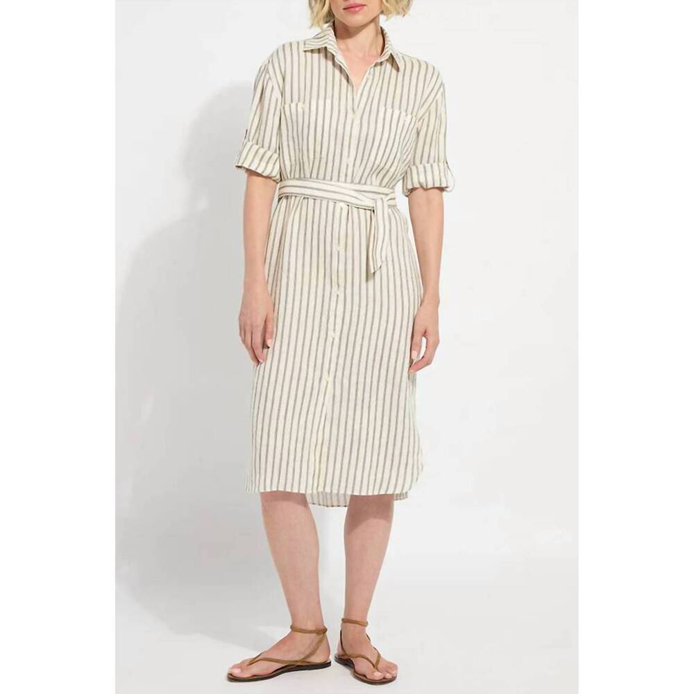 NEW LYSSE juniper linen tunic shirt dress in olive grove stripe